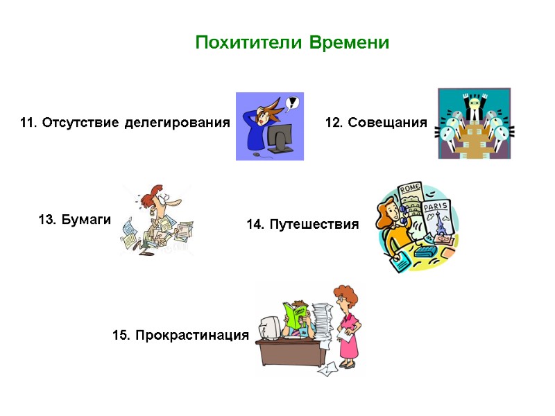 Похитители Времени 11. Отсутствие делегирования 12. Совещания 13. Бумаги 14. Путешествия 15. Прокрастинация